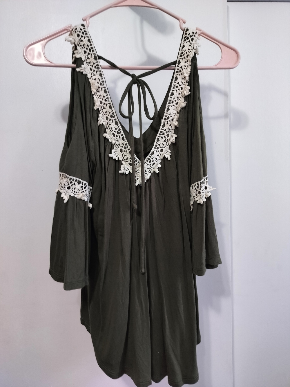 GG Collection Olive Green Cold-Shoulder Tunic with Cream Lace Trim
